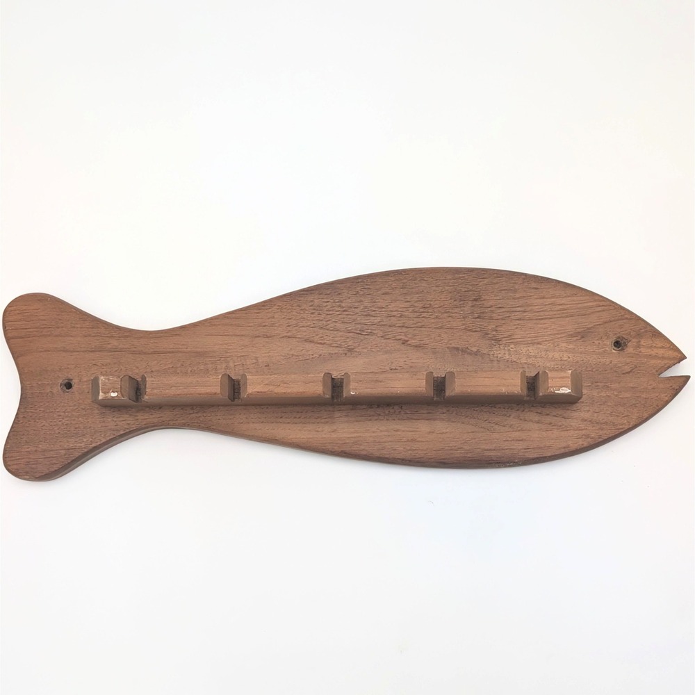 Wooden Fish Fishing Rod Rack Wall Mount 5 Pole Holder Rustic Cabin 17"